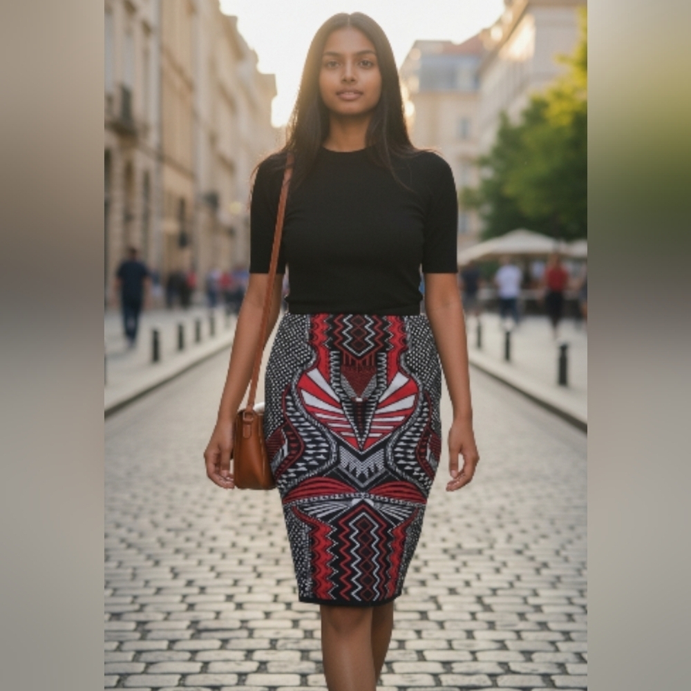 K GLAM Geometric Patterned Red WHITE and Black Skirt Thich Stretch Plus 3X - Picture 2 of 7